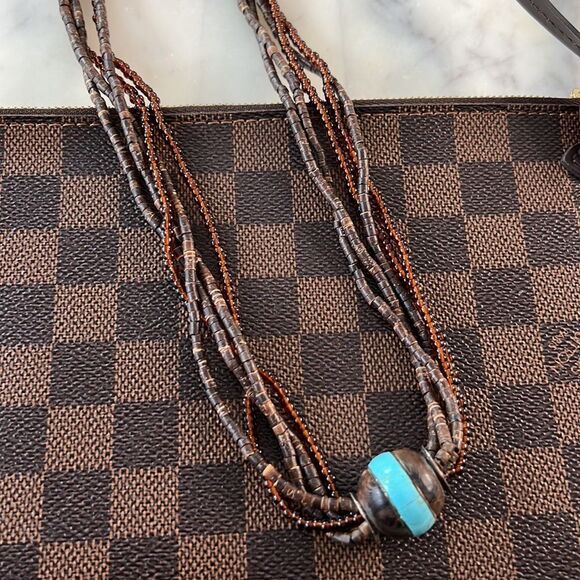 Multi strand, brown wooden and beaded necklace with turquoise - Picture 7 of 11